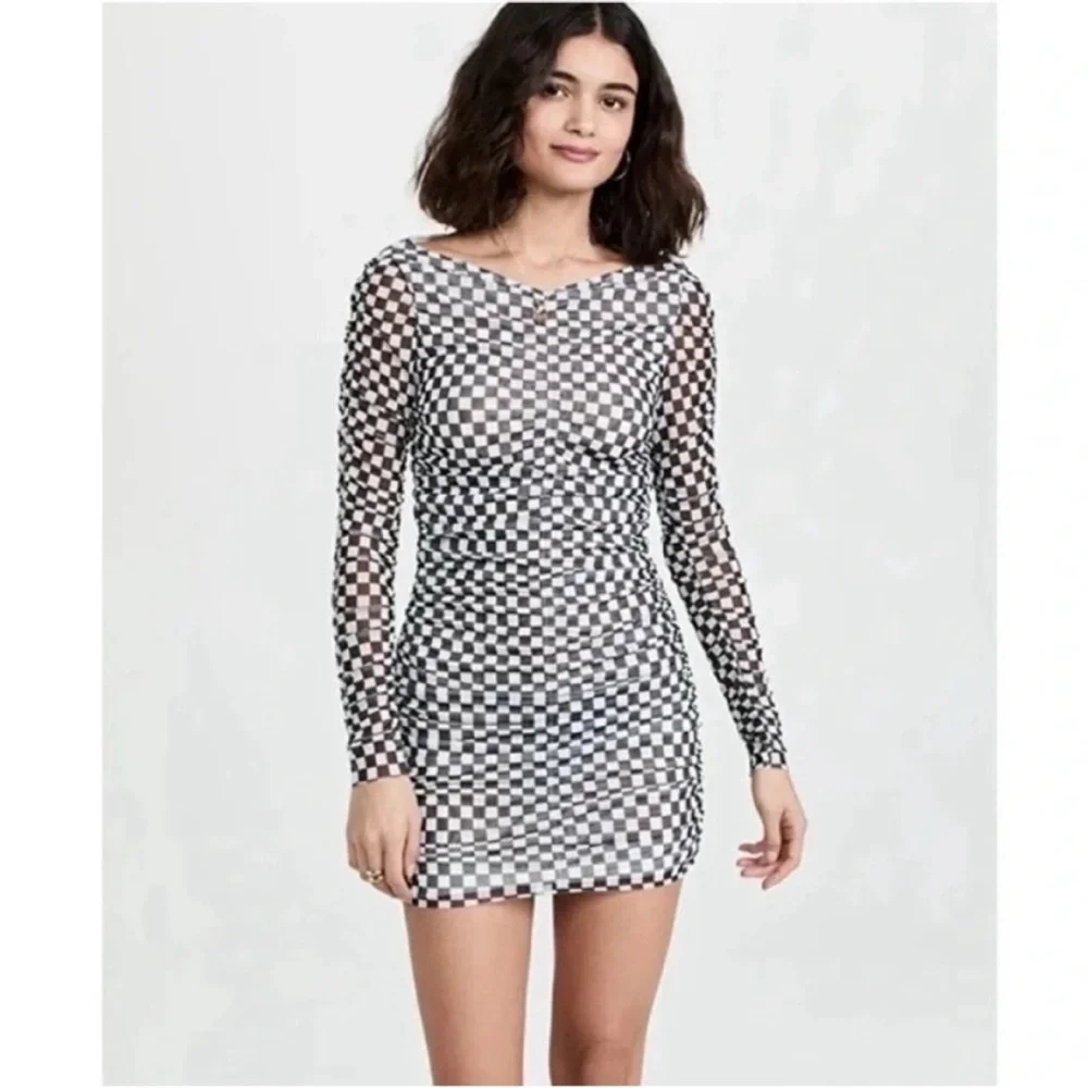 Baum Und Pferdgarten sz L  Black White Check Juneaux Mini Dress Mesh Stretch - Picture 3 of 9